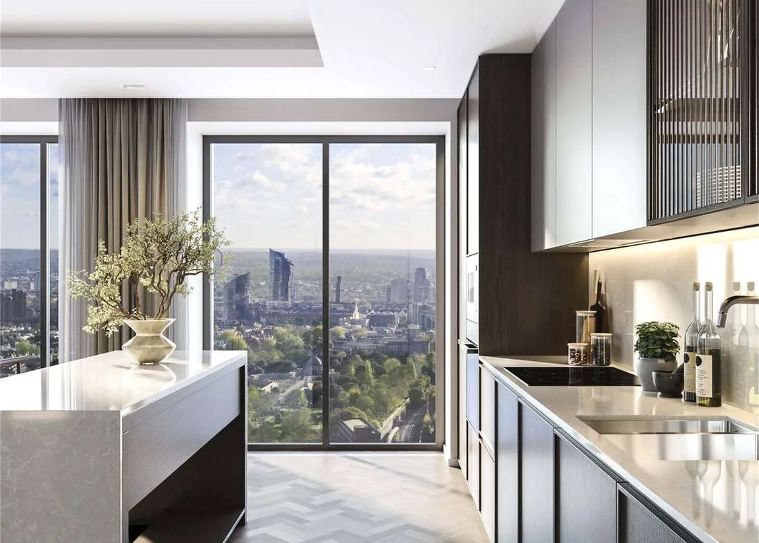 West Kensington W14 100 Kensington The Oria Luxury Apartment Modern Kitchen Marble Island Herringbone Floor London Skyline...