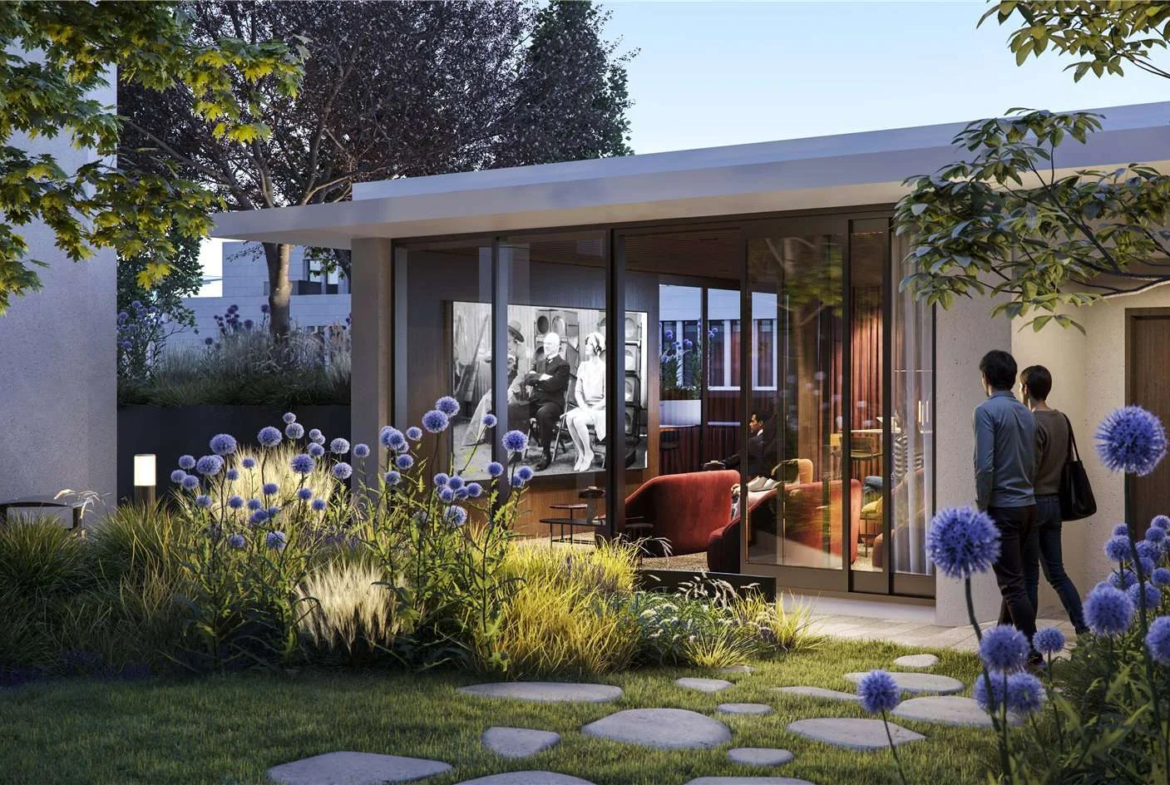 West Kensington W14 100 Kensington The Oria Podium Garden Cinema Pavilion Dusk Allium Flowers Stepping Stones Glazed Scree...