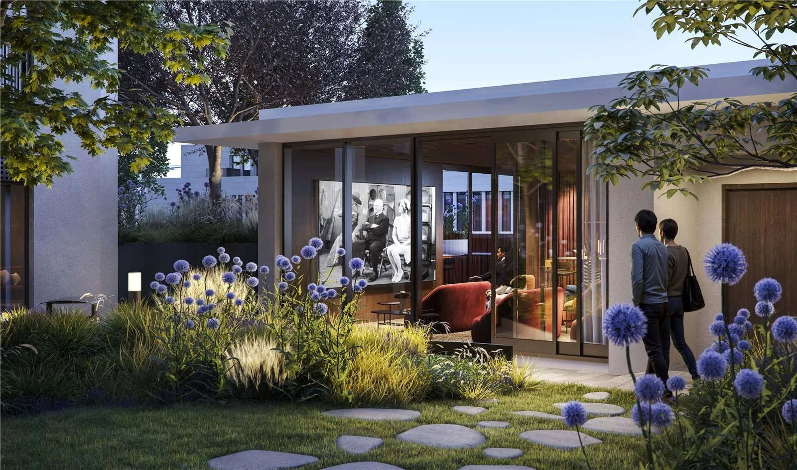 West Kensington W14 100 Kensington The Oria Podium Garden Cinema Pavilion Dusk Allium Flowers Stepping Stones Glazed Scree...