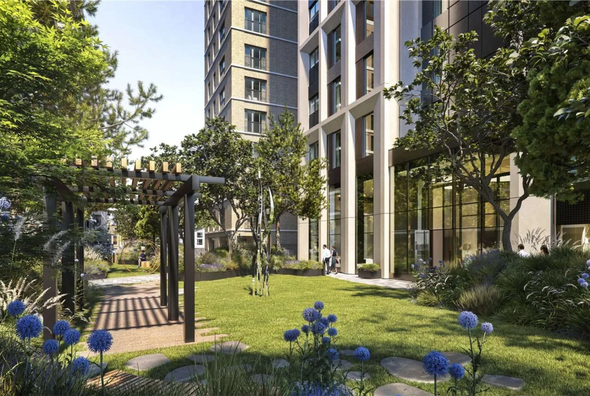 West Kensington W14 100 Kensington The Oria Podium Gardens Daytime Pergola Allium Flowers Sculpture Residents Green Outdoo...