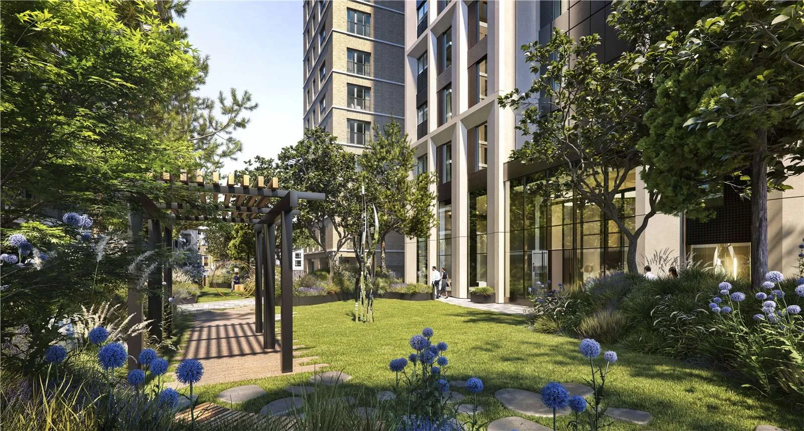 West Kensington W14 100 Kensington The Oria Podium Gardens Daytime Pergola Walkway Blue Allium Flowers Residents Outdoor S...