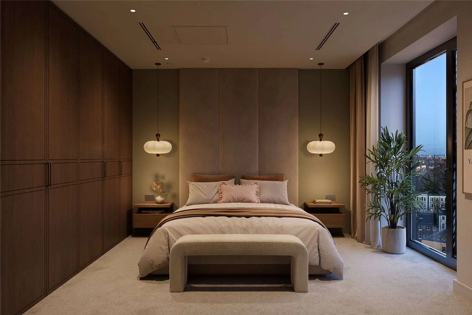 West Kensington W14 100 Kensington The Oria Principal Suite Dark Wood Wardrobes Pendant Lights Evening