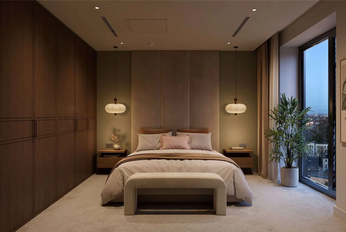 West Kensington W14 100 Kensington The Oria Principal Suite Fitted Wardrobes Pendant Lights Evening
