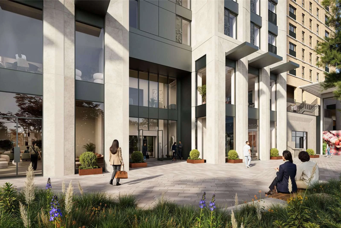 West Kensington W14 100 Kensington The Oria Street Level Entrance Colonnaded Stone Facade Health Club Signage Landscaped P...