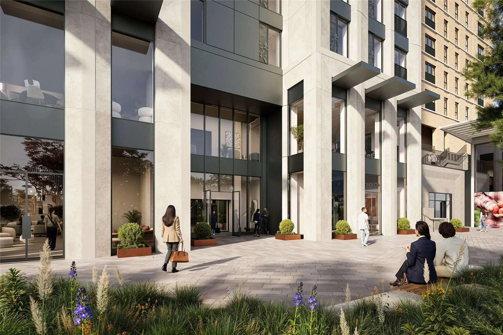 West Kensington W14 100 Kensington The Oria Street Level Entrance Colonnaded Stone Facade Health Club Signage Landscaped P...