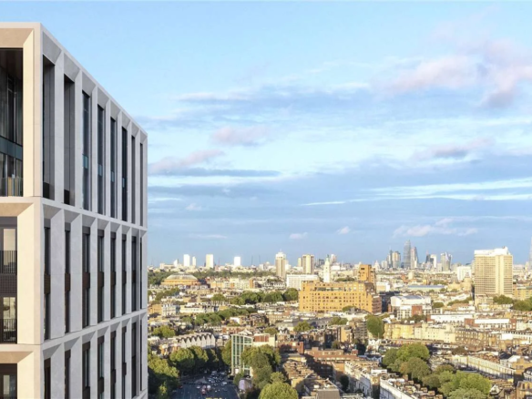 West Kensington W14 100 Kensington The Oria Tower Upper Floors Facade Detail Sunset Eastward London City Shard Skyline Pan...
