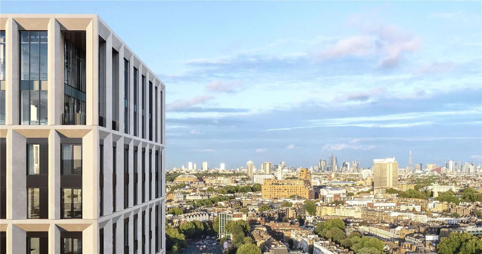 West Kensington W14 100 Kensington The Oria Tower Upper Floors Facade Detail Sunset Eastward London City Shard Skyline Pan...