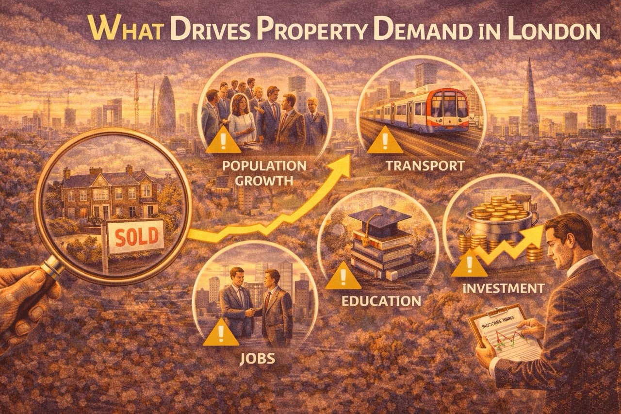 what drives property demand in London showing population growth jobs transport education and investment factors
