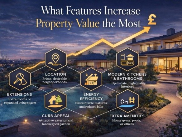 What features increase property value in London including location, modern interiors, energy efficiency and luxury amenities
