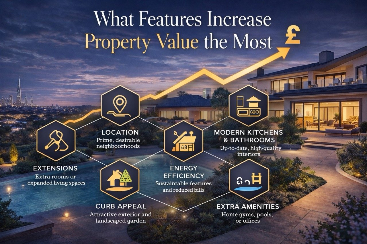 What features increase property value in London including location, modern interiors, energy efficiency and luxury amenities