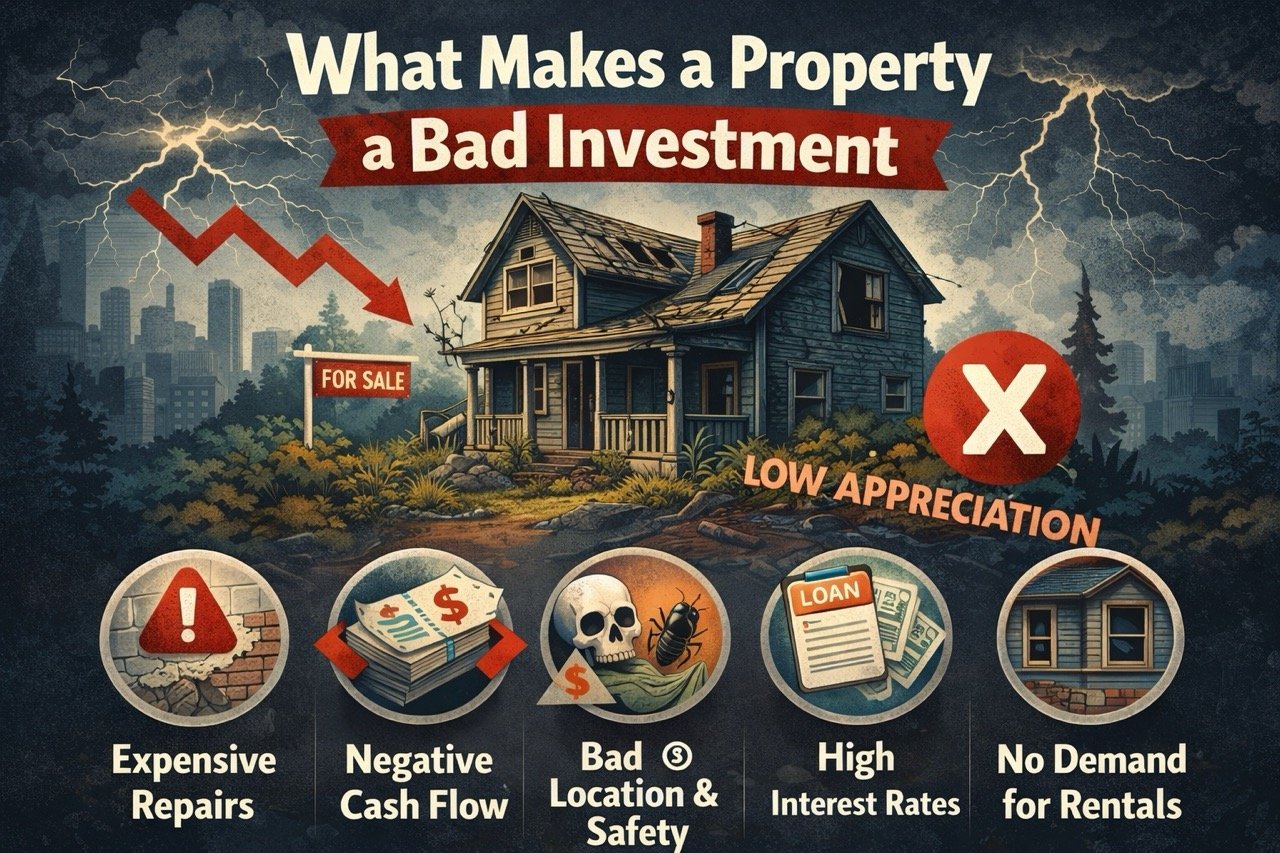 what makes a property a bad investment illustration showing poor condition house, negative cash flow, bad location and low demand