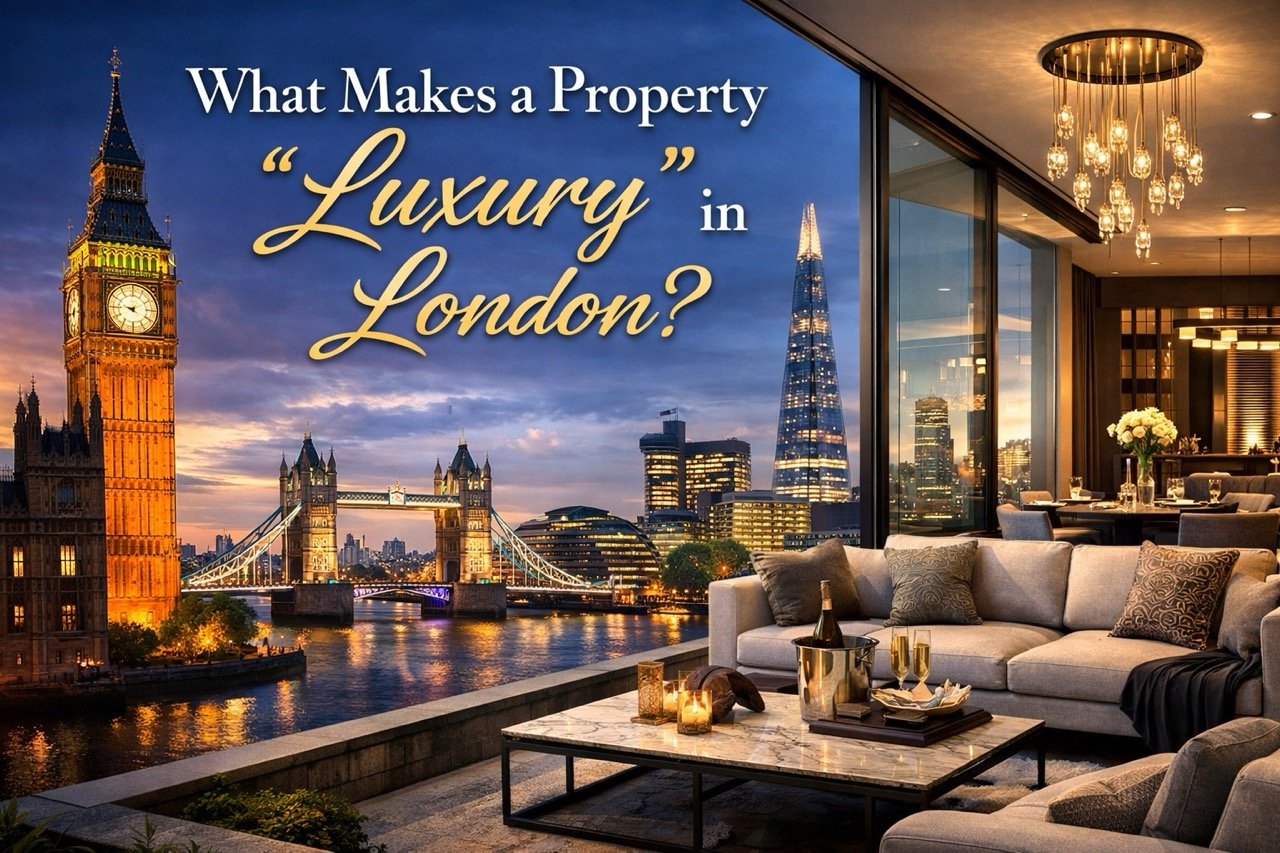 Luxury property in London with skyline view, high-end interior, and iconic landmarks like Big Ben and Tower Bridge