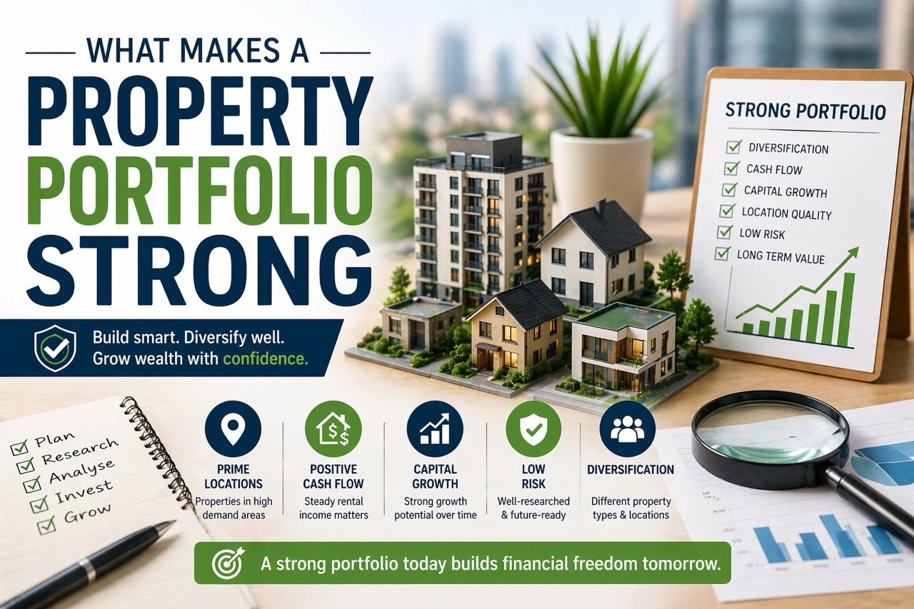 What makes a property portfolio strong with diversification, cash flow and capital growth illustrated using real estate models and charts