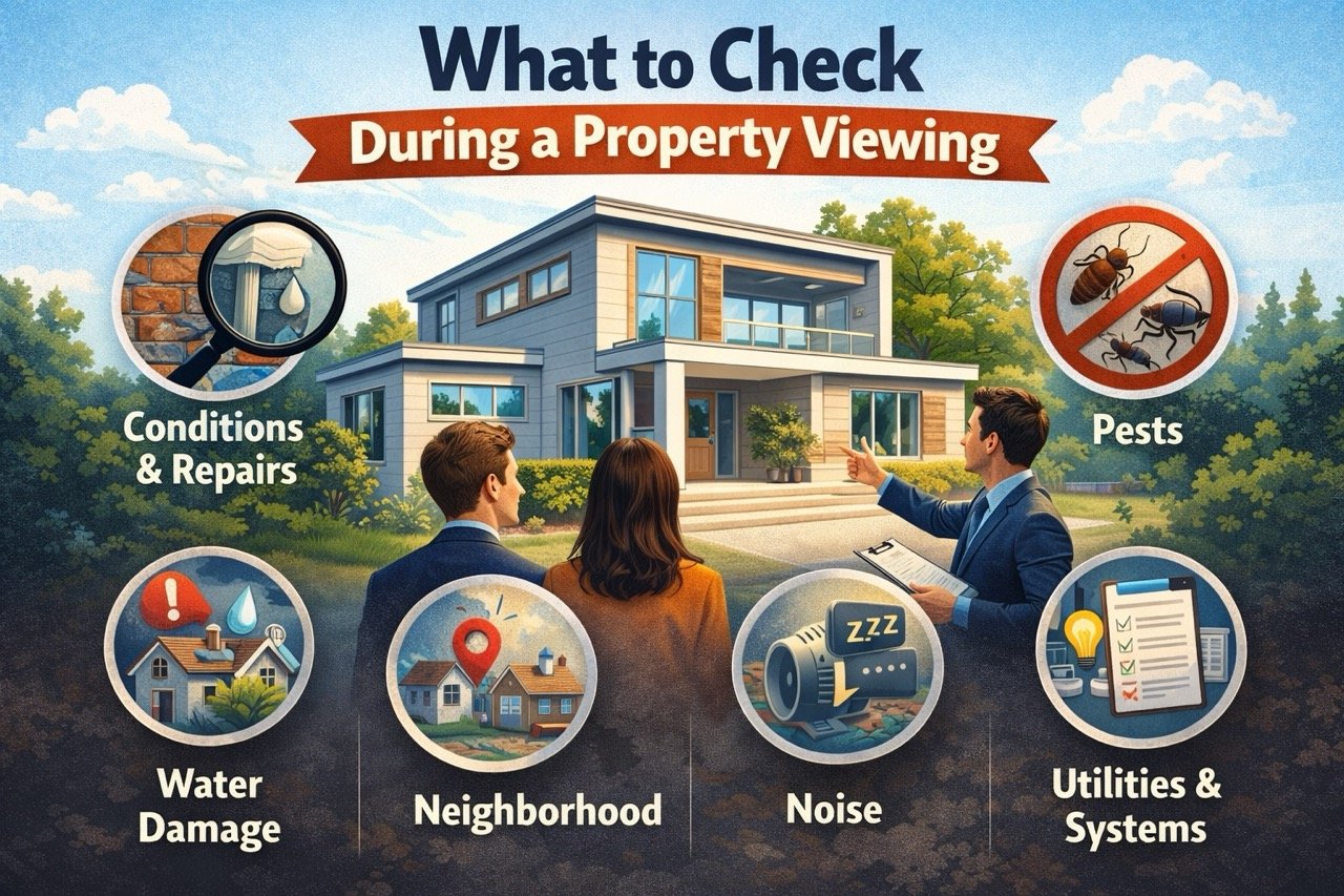 what to check during a property viewing including condition repairs water damage neighborhood noise and utilities
