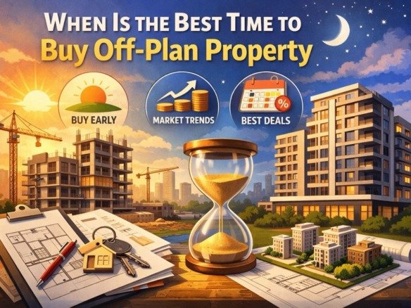 When is the best time to buy off-plan property illustration showing construction stages and market timing