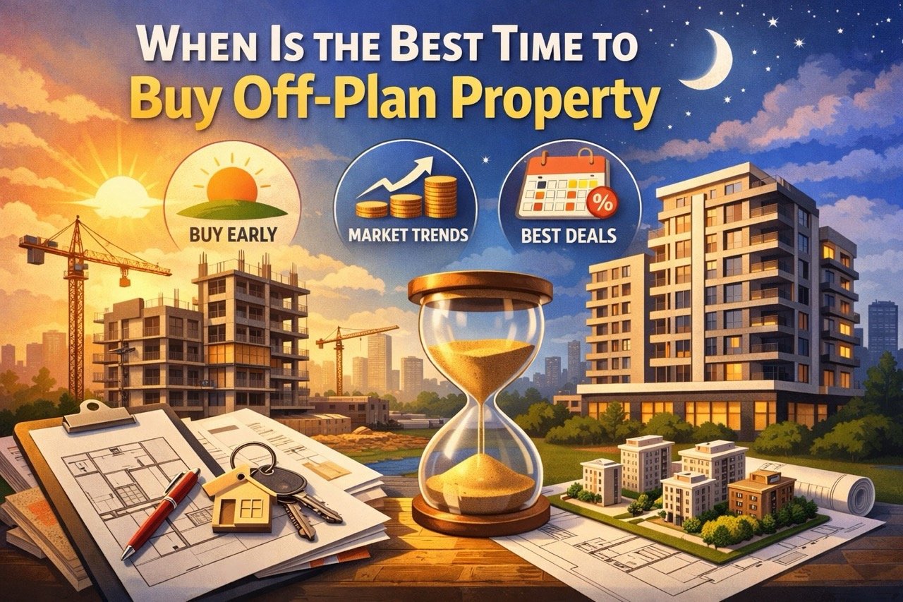 When is the best time to buy off-plan property illustration showing construction stages and market timing