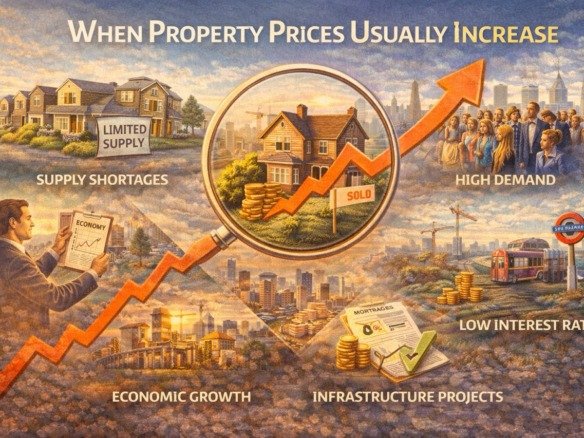 when property prices usually increase showing supply shortage high demand economic growth and low interest rates illustration
