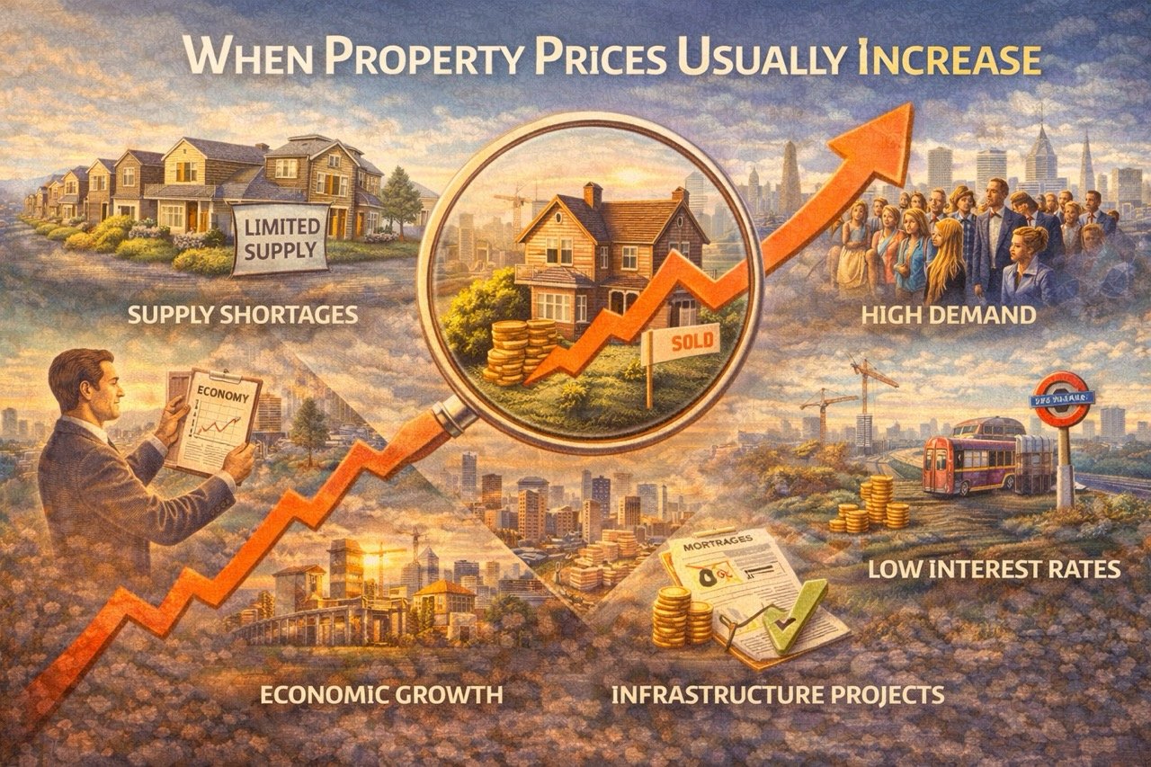 when property prices usually increase showing supply shortage high demand economic growth and low interest rates illustration