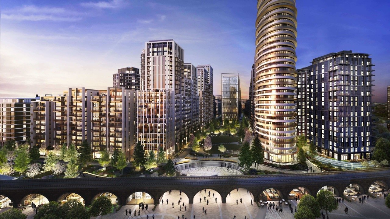 White City Living London luxury apartments with modern skyline, landscaped gardens and residential towers