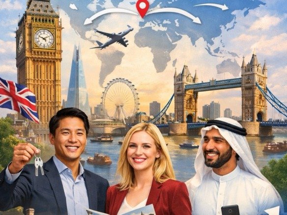 Why international buyers choose London for property investment with skyline, global investors and sold house concept