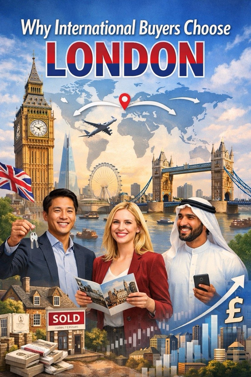 Why international buyers choose London for property investment with skyline, global investors and sold house concept