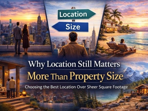 Why location matters more than property size showing city skyline, beachfront homes, and lifestyle differences in real estate