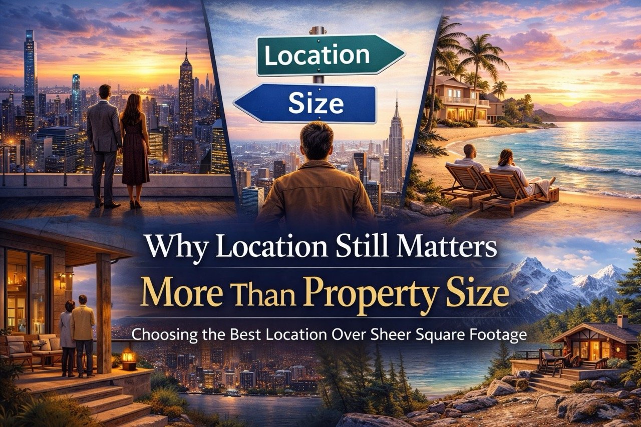 Why location matters more than property size showing city skyline, beachfront homes, and lifestyle differences in real estate