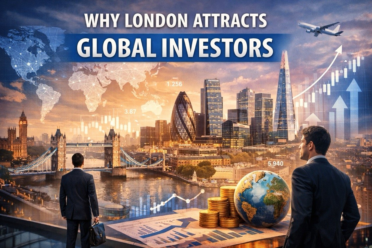 Why London attracts global investors, skyline with financial district, property investment growth in London