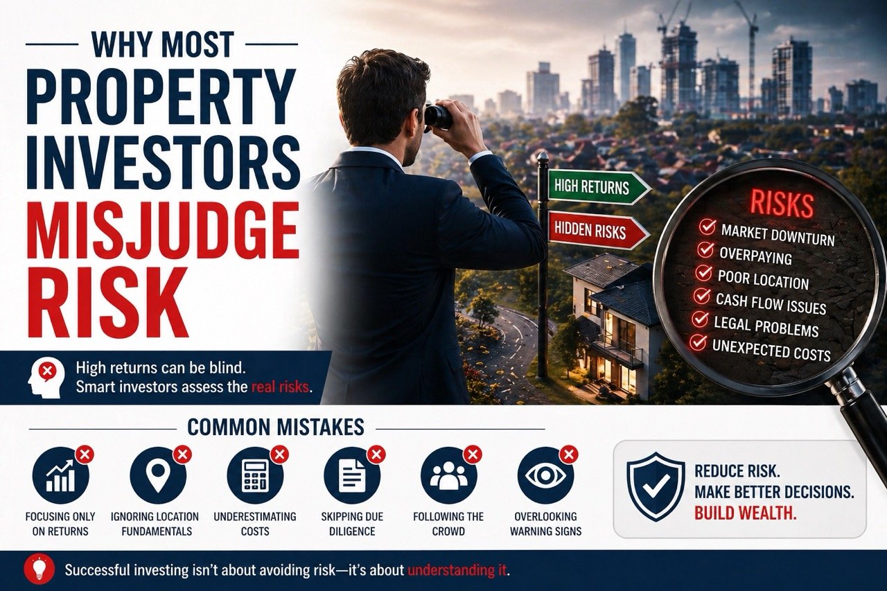 Why most property investors misjudge risk showing common real estate mistakes, hidden risks and investment analysis concepts