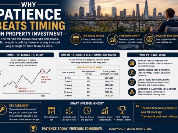 Why patience beats timing in property investment showing long term growth, market cycles and real estate wealth strategy