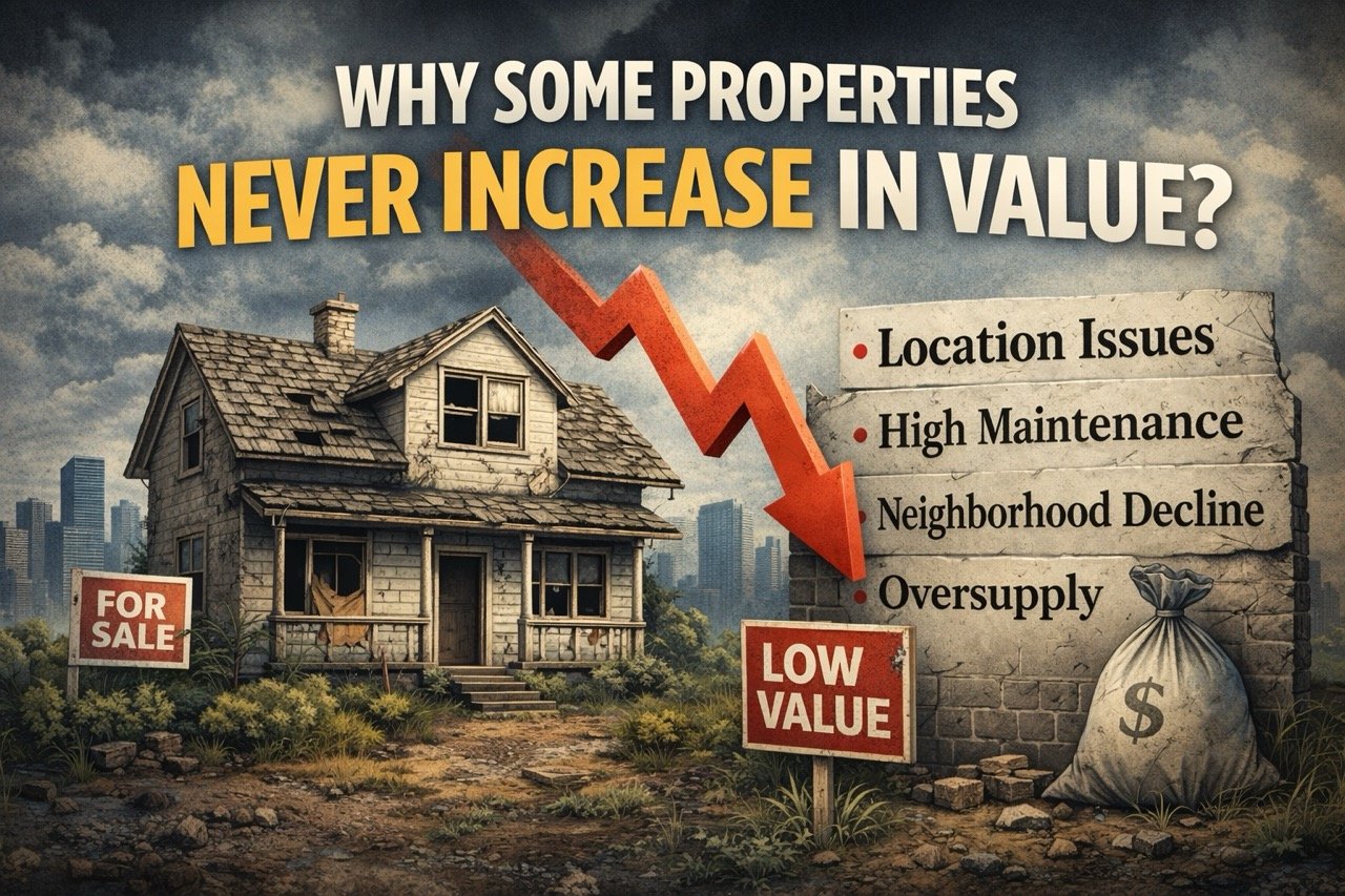 Why some properties never increase in value showing declining house, falling market trend and low property demand