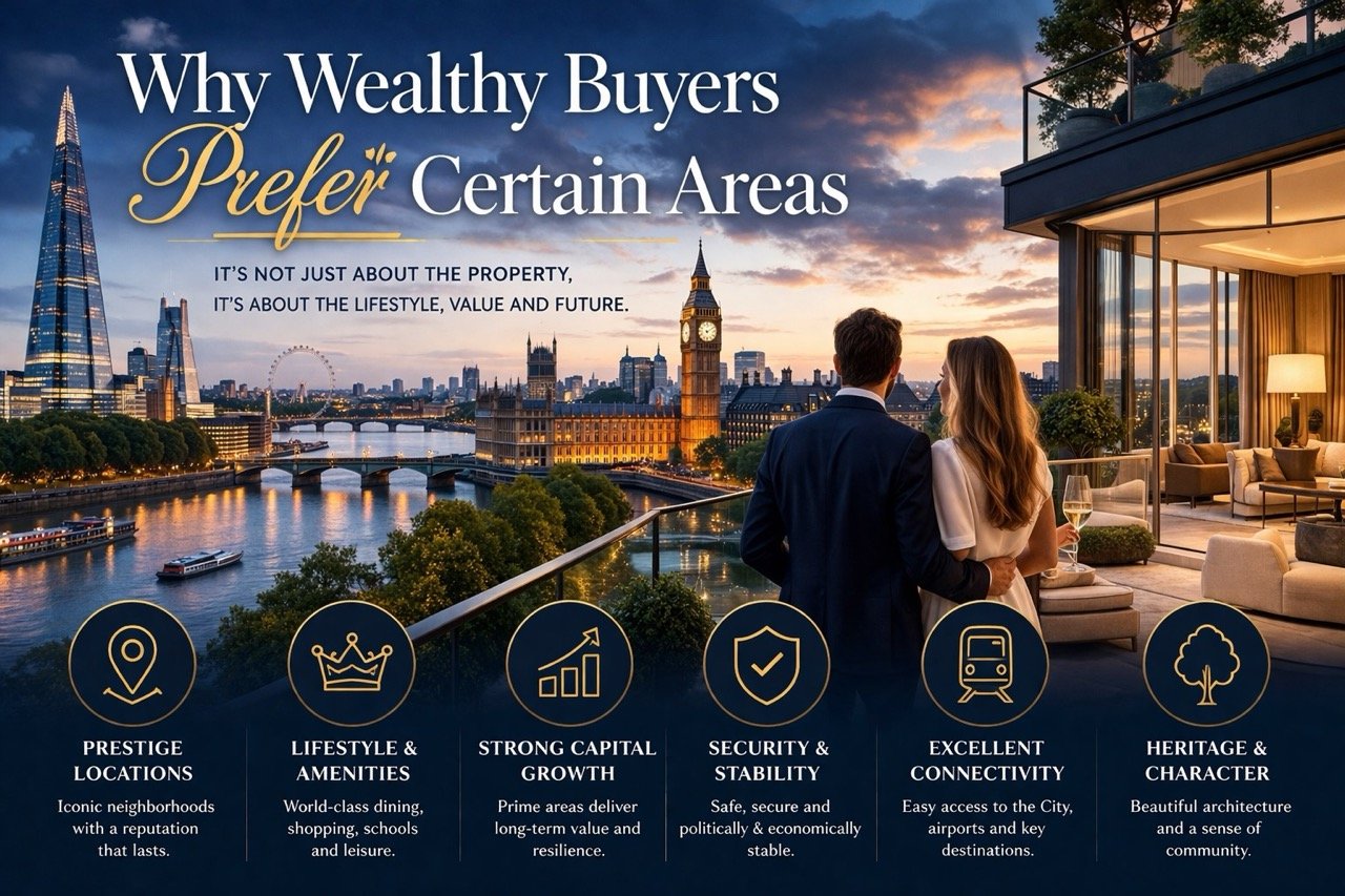 Why wealthy buyers prefer certain areas in London, luxury apartment view with skyline and prime location concept