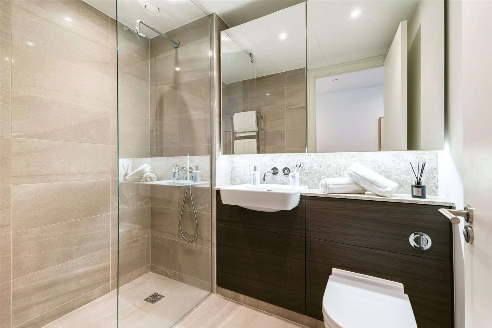 9 Eastfields Riverside Quarter Wandsworth Sw18 Ensuite Shower Room Stone Tiles Dark Vanity Unit London