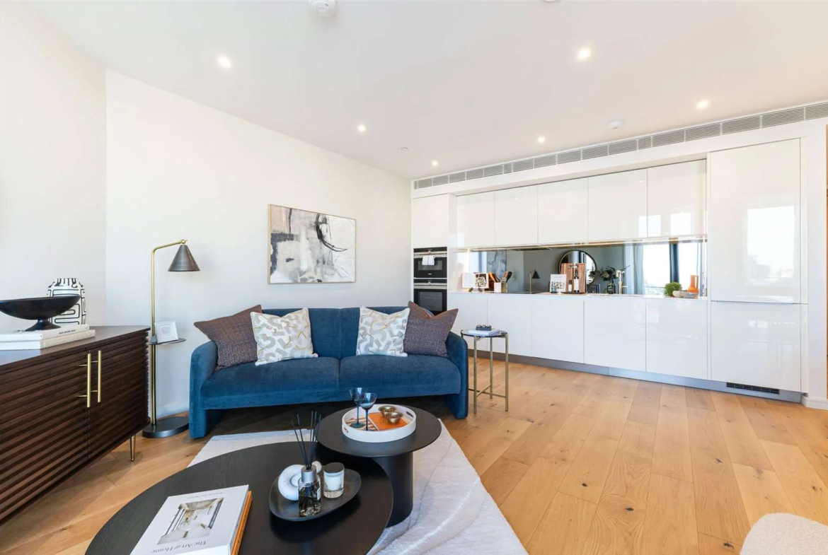 9 Eastfields Riverside Quarter Wandsworth Sw18 Living Room Blue Velvet Sofa Open Plan Kitchen London