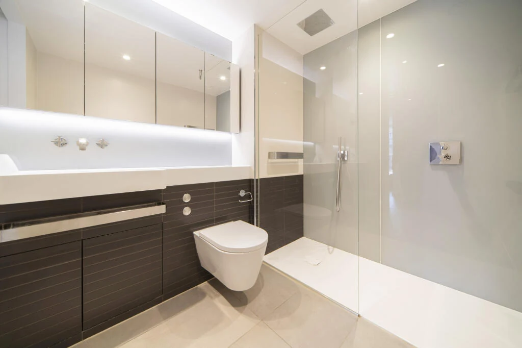 Ambrose House Battersea Power Station Sw11 Modern Bathroom Walk In Shower Wall Hung Toilet