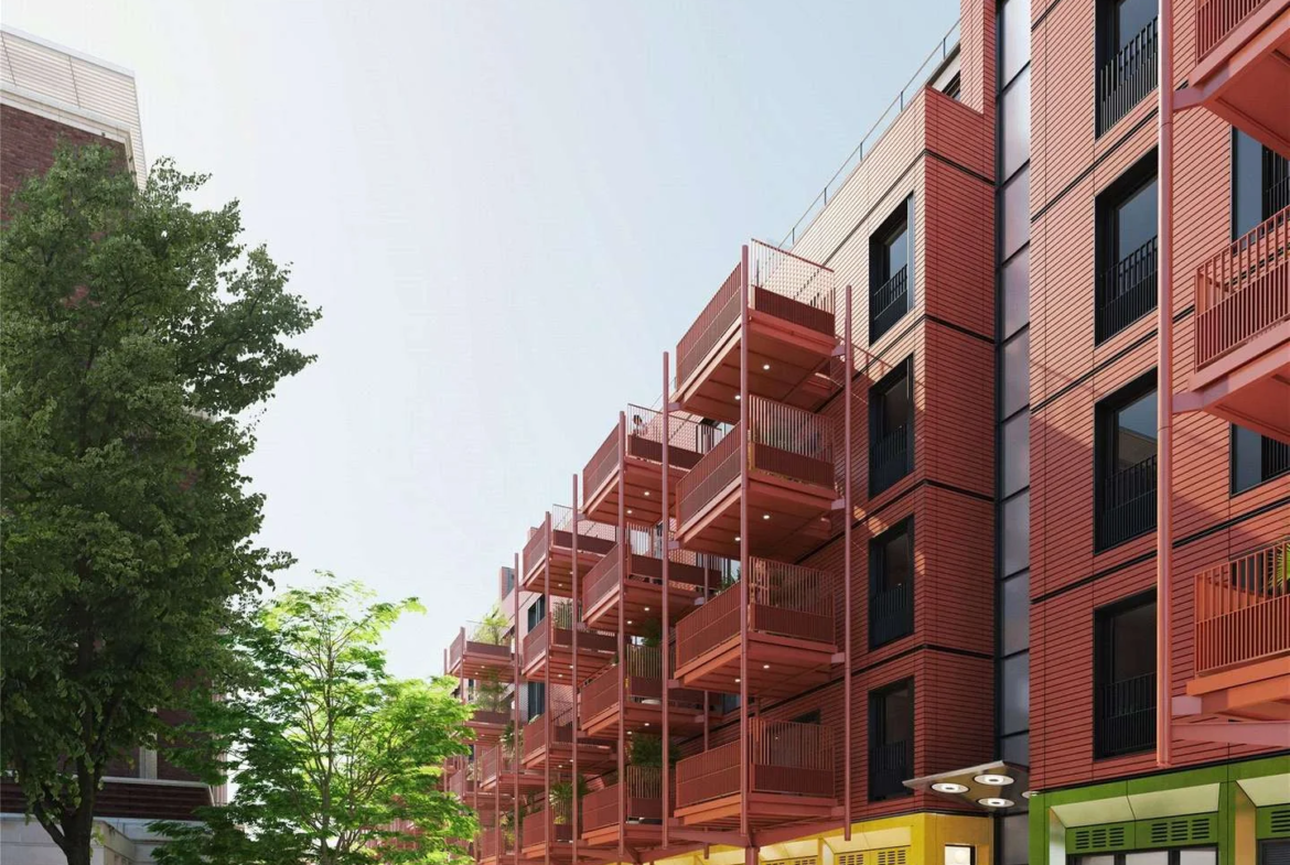 Artisi Hammersmith Civic Campus London W6 Cgi Avenue Red Brick Facade Stepped Balconies Yellow Retail Rshp Architecture