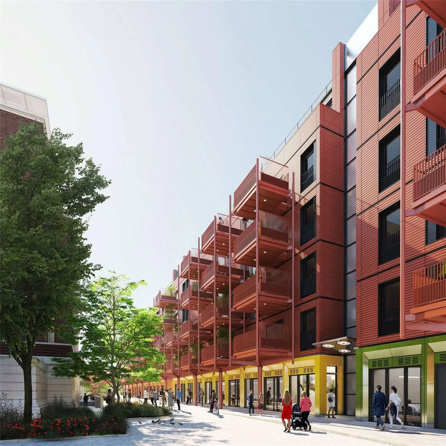 Artisi Hammersmith Civic Campus London W6 Cgi Avenue Red Brick Facade Stepped Balconies Yellow Retail Rshp Architecture