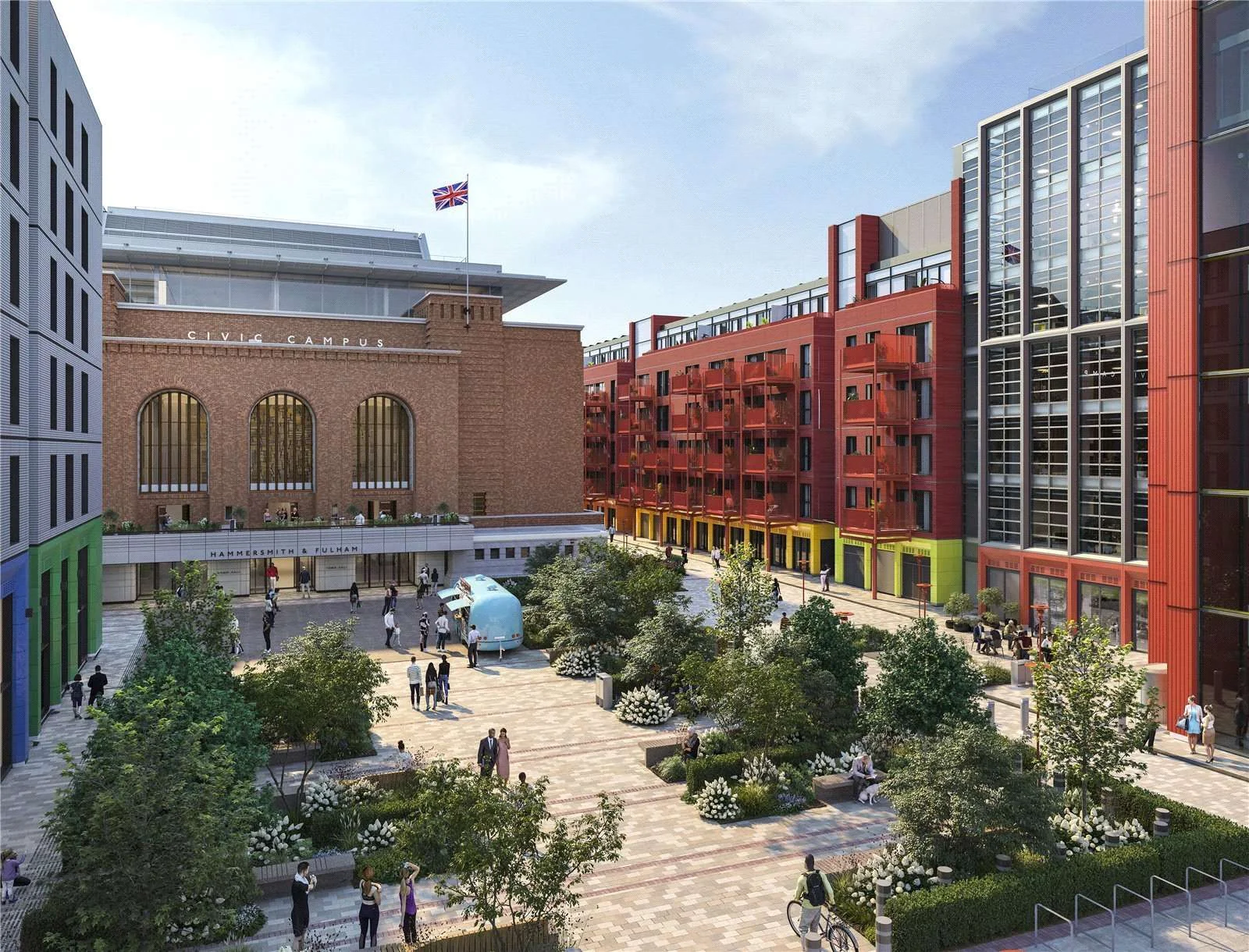 Artisi Hammersmith Civic Campus London W6 Cgi Public Piazza Civic Campus Hammersmith Fulham Town Hall Artisi Red Balconies...