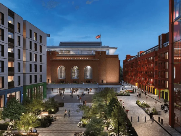 Artisi Hammersmith Civic Campus London W6 Cgi Public Piazza Evening Masterplan Rshp Gillespies Landscape