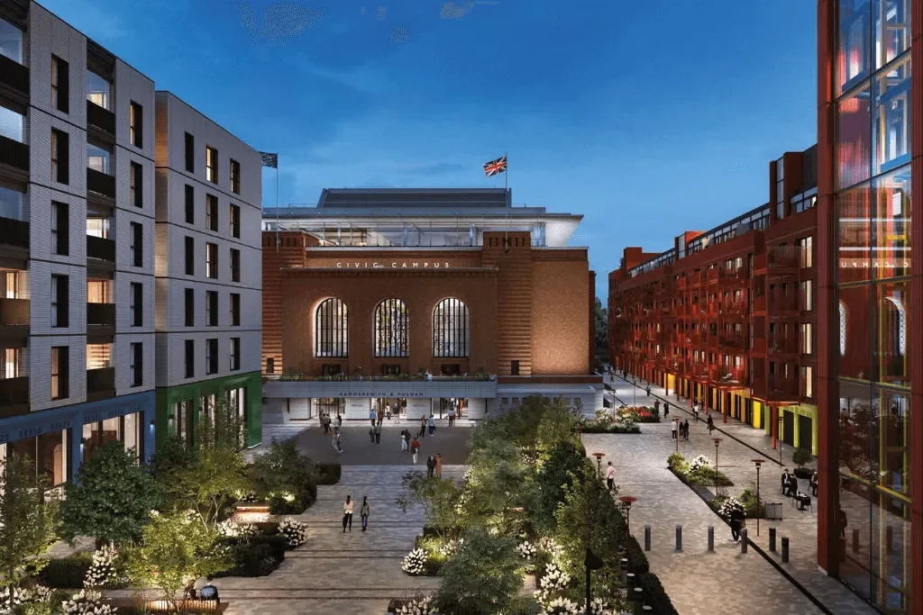 Artisi Hammersmith Civic Campus London W6 Cgi Public Piazza Evening Town Hall Regeneration Masterplan