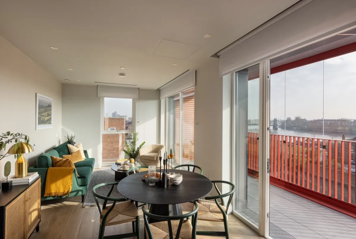Artisi Hammersmith Town Hall London W6 5th Floor Open Plan Living Dining Green Sofa South East Balcony River Thames View