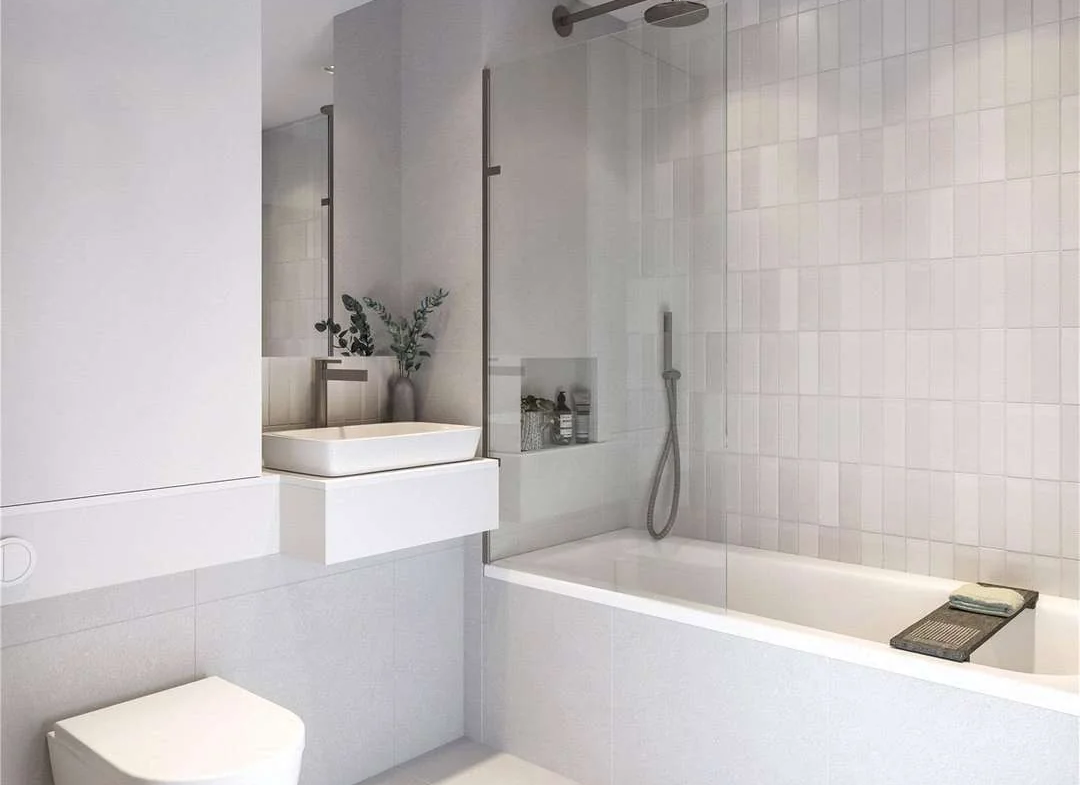 Artisi Hammersmith Town Hall London W6 Cgi Bathroom White Zellige Tiles Bathtub Rainfall Shower Wall Hung Wc Floating Basin
