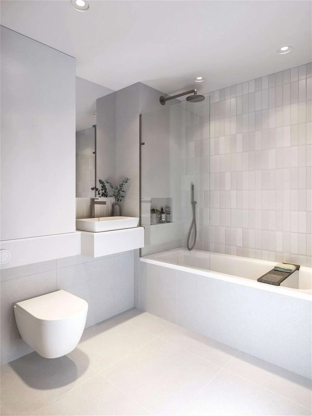 Artisi Hammersmith Town Hall London W6 Cgi Bathroom White Zellige Tiles Bathtub Rainfall Shower Wall Hung Wc Floating Basin