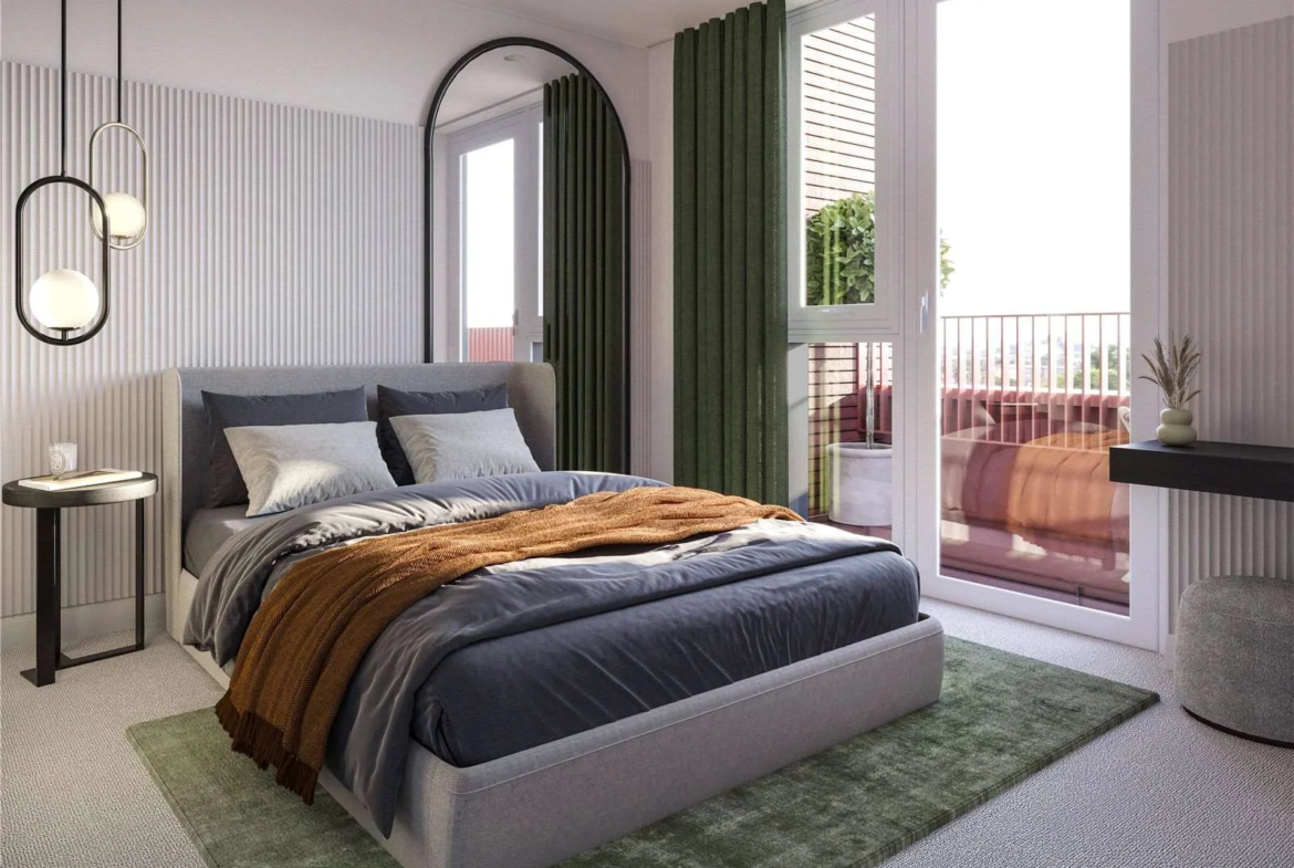 Artisi Hammersmith Town Hall London W6 Cgi Master Bedroom Grey Upholstered Bed Green Curtains Balcony Doors Rattan Rug