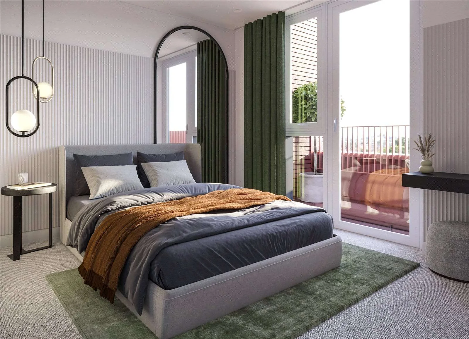 Artisi Hammersmith Town Hall London W6 Cgi Master Bedroom Grey Upholstered Bed Green Curtains Balcony Doors Rattan Rug