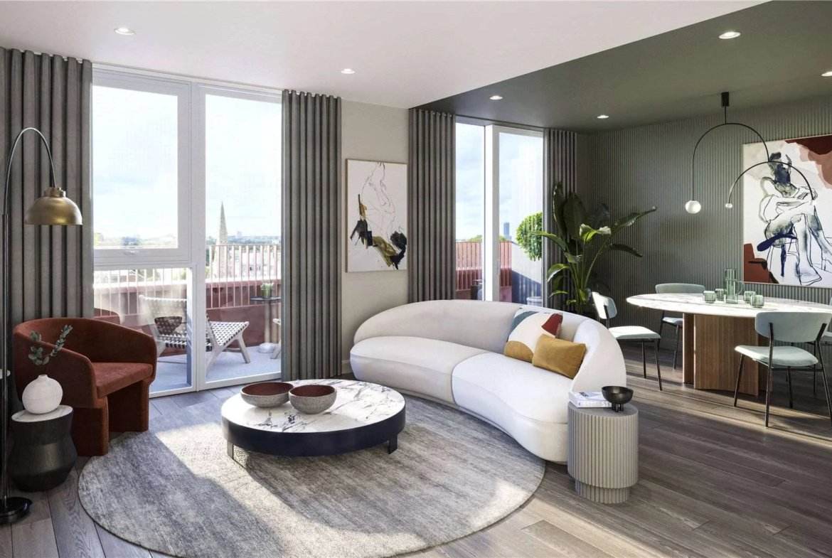 Artisi Hammersmith Town Hall London W6 Cgi Open Plan Living Room Curved White Sofa Sage Dining Area South East Balcony Sky...
