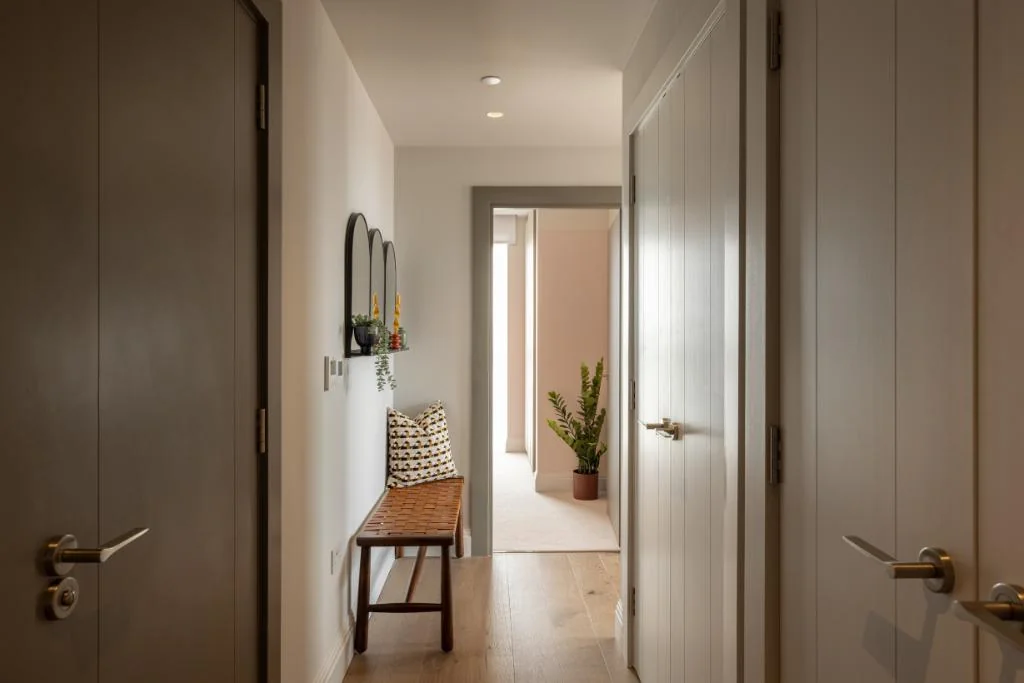 Artisi Hammersmith Town Hall London W6 Entrance Hallway Arched Mirrors Leather Bench Oak Floor