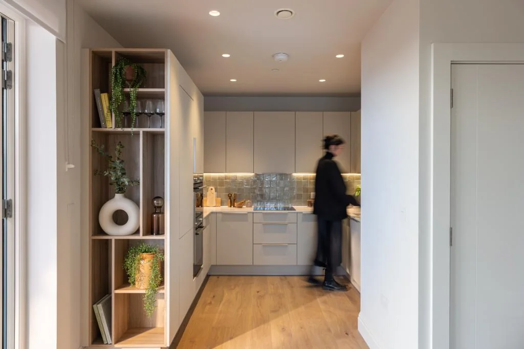 Artisi Hammersmith Town Hall London W6 Kitchen Open Shelving Unit Cream Cabinetry Zellige Tiles Oak Floor