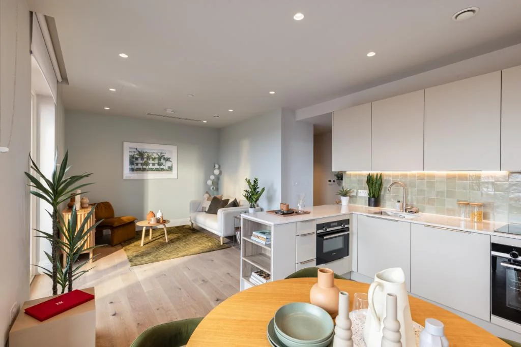 Artisi Hammersmith Town Hall London W6 Open Plan Kitchen Living Dining Green Rug Sage Walls Oak Floor