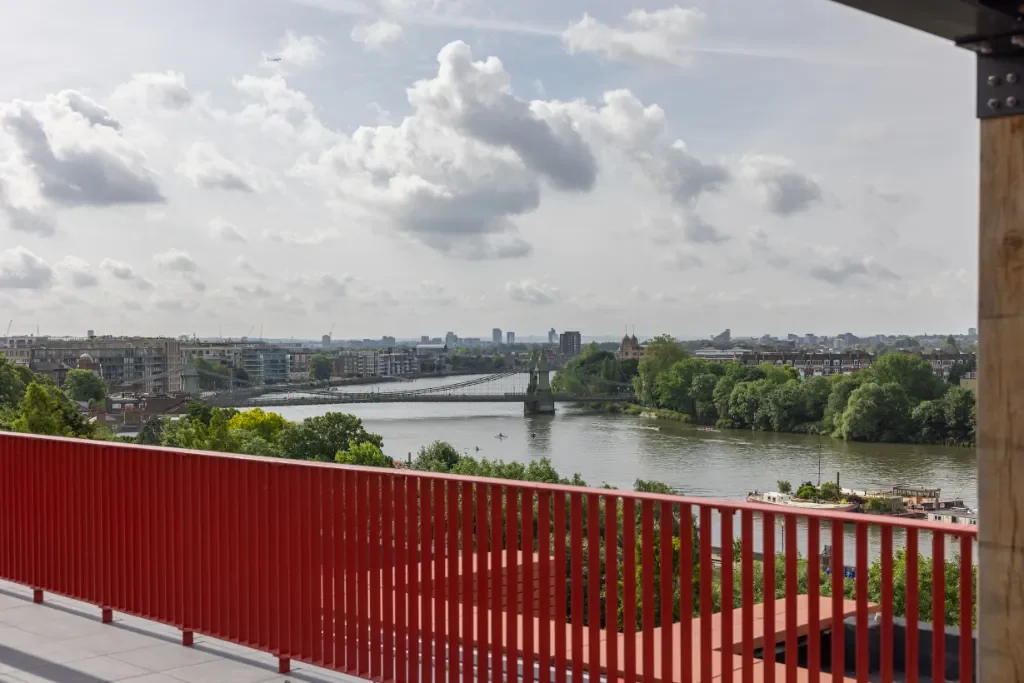 Artisi Hammersmith Town Hall London W6 Rooftop Terrace Red Balcony River Thames Hammersmith Bridge Panoramic Daytime View